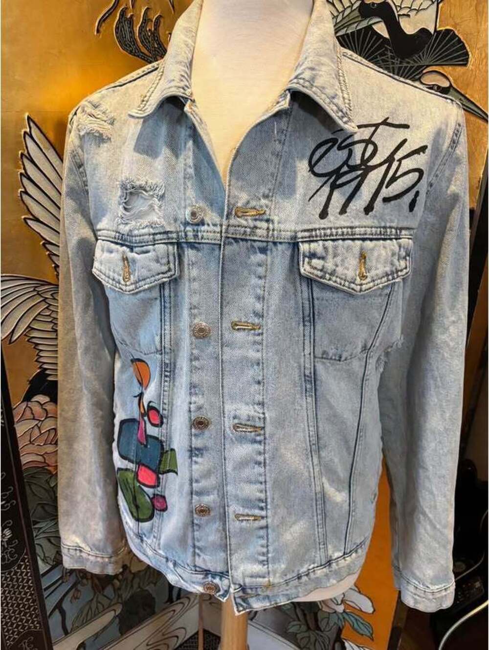 ZARA MEN GRAFFITI DENIM TRUCKER JEAN JACKET SIZE M